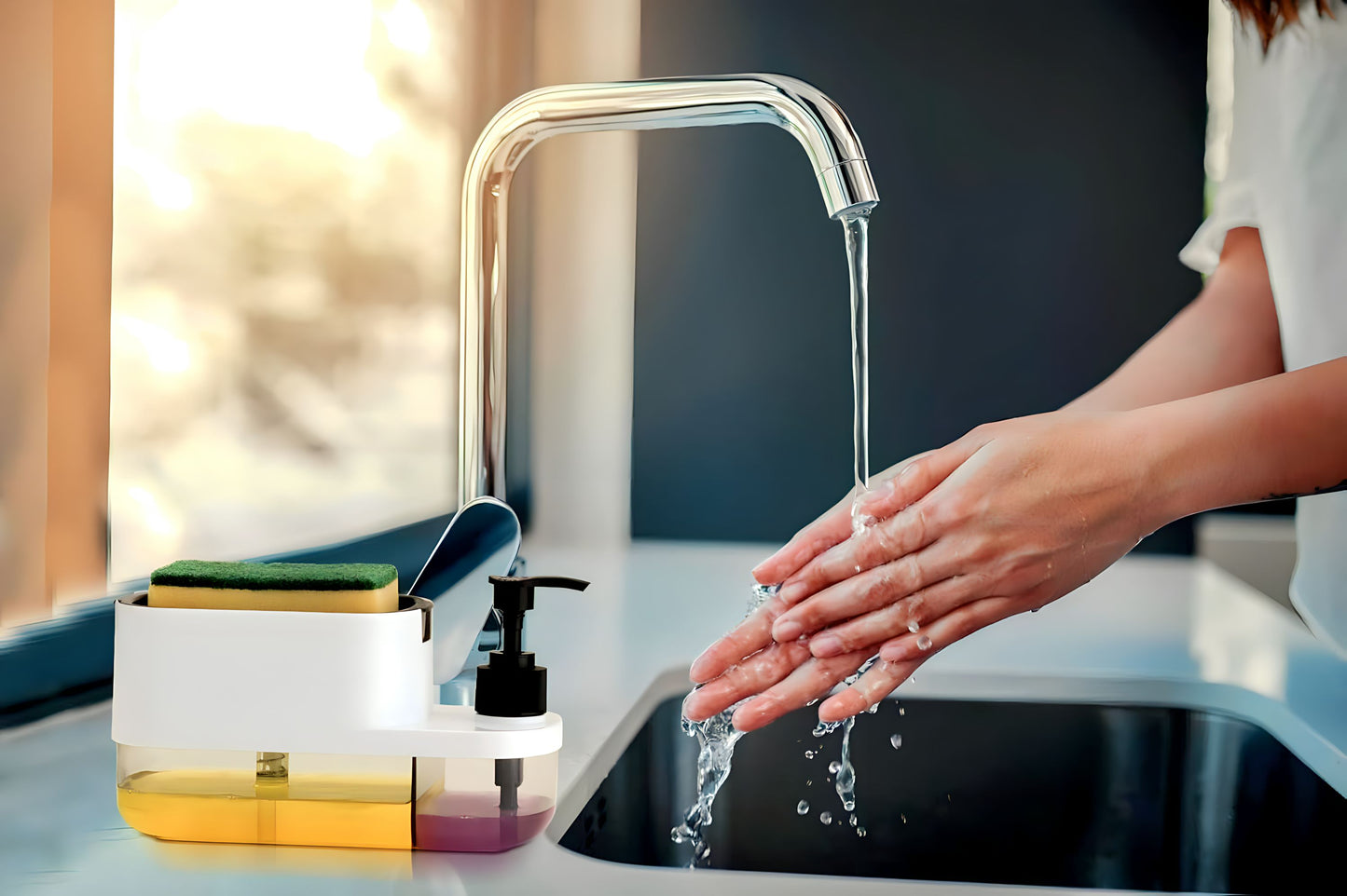 3-in-1 Kitchen Soap Dispenser with Sponge Holder – Multi-Color, Triple Chamber for Liquid, Soap & Gel