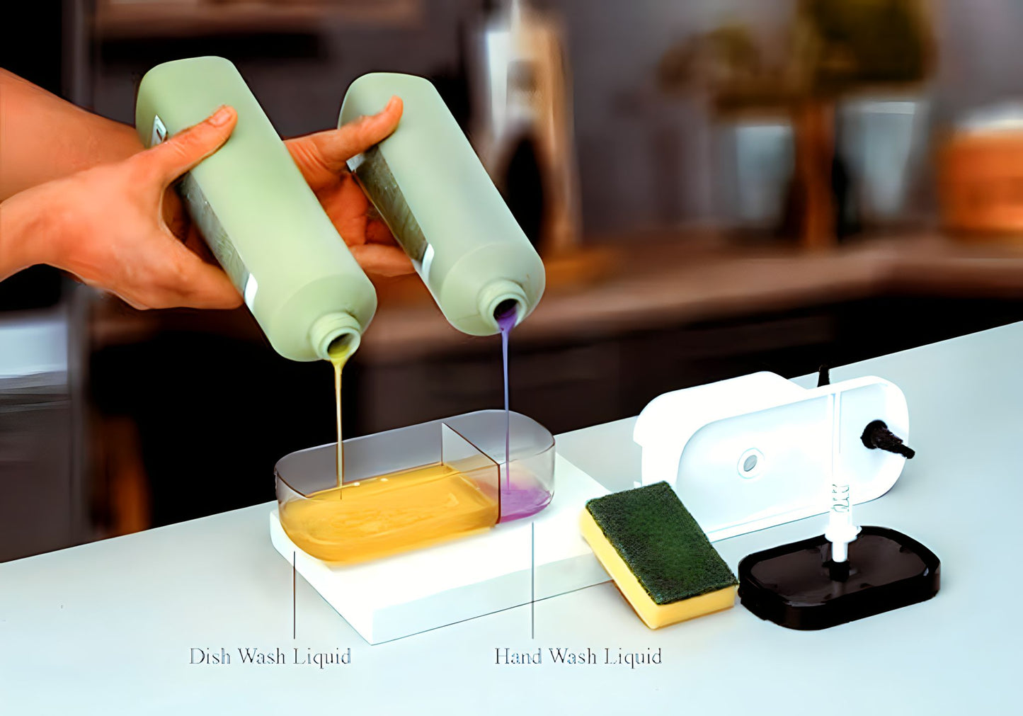 3-in-1 Kitchen Soap Dispenser with Sponge Holder – Multi-Color, Triple Chamber for Liquid, Soap & Gel
