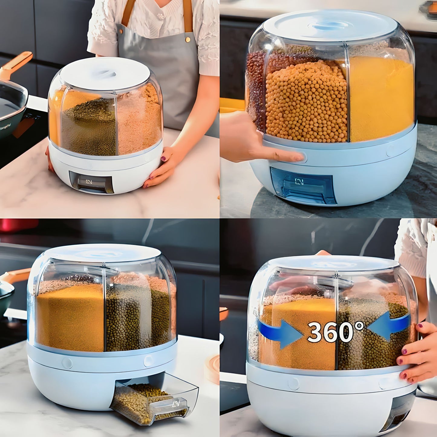 6-Grid 360° Rotating Airtight Food Dispenser – Smart Kitchen Storage for Rice, Pulses & Grains | BPA-Free Multipurpose Organizer