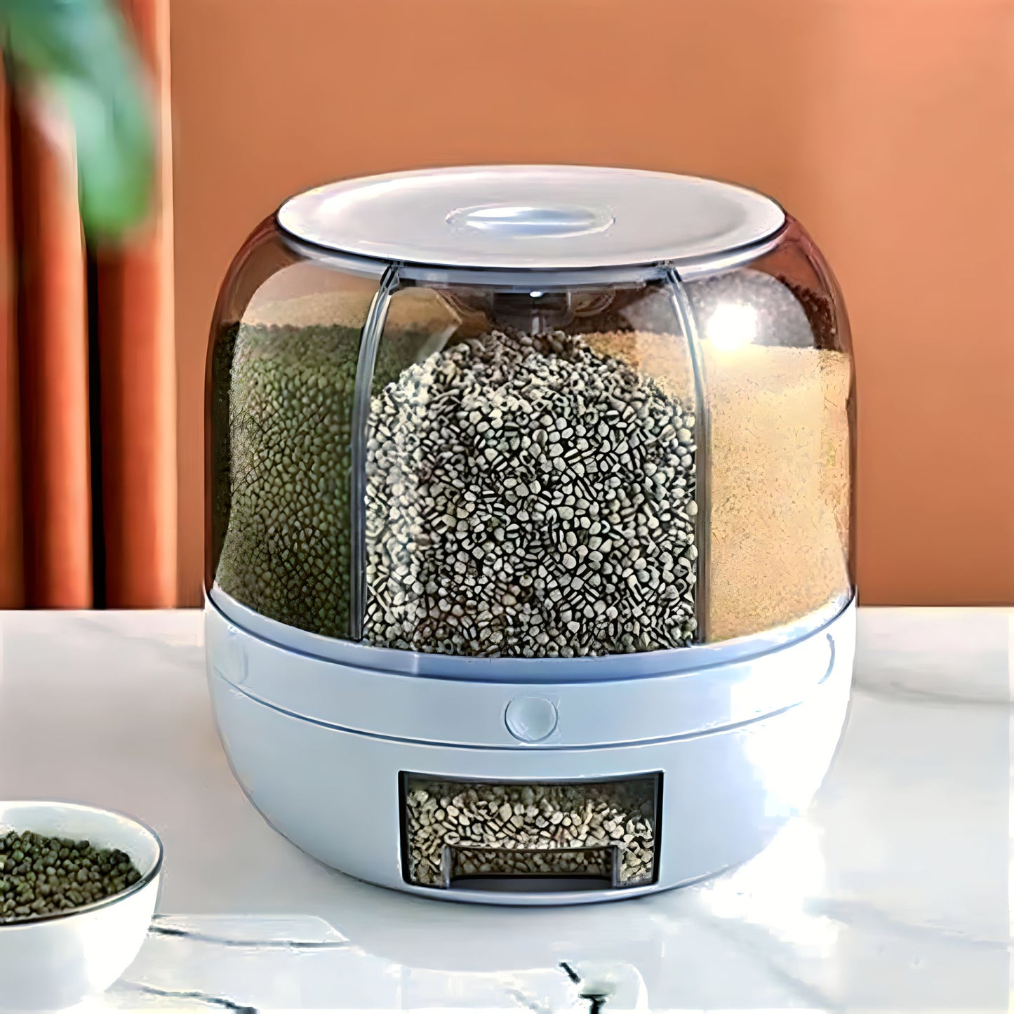 6-Grid 360° Rotating Airtight Food Dispenser – Smart Kitchen Storage for Rice, Pulses & Grains | BPA-Free Multipurpose Organizer