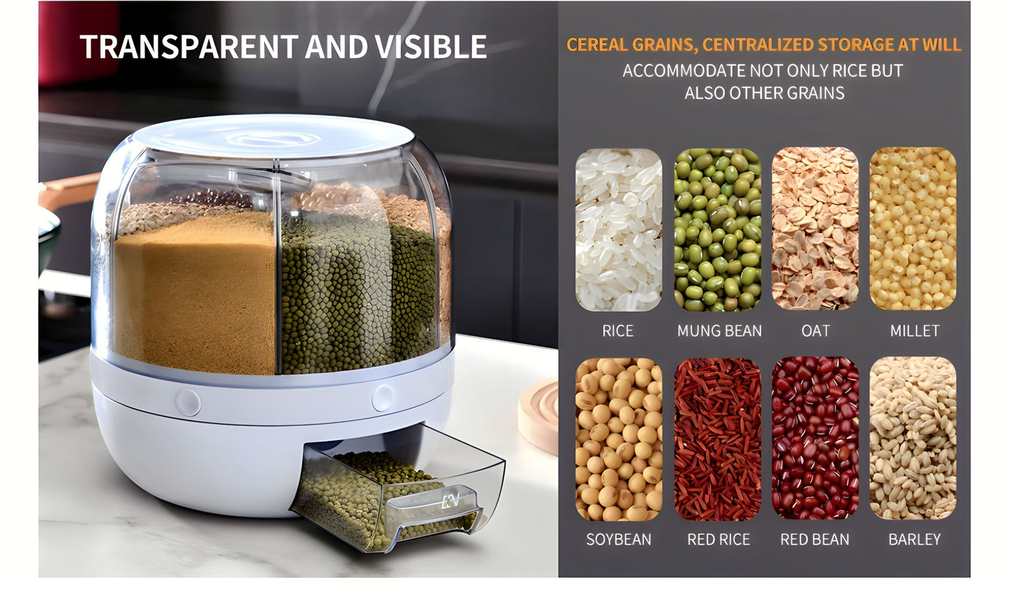 6-Grid 360° Rotating Airtight Food Dispenser – Smart Kitchen Storage for Rice, Pulses & Grains | BPA-Free Multipurpose Organizer