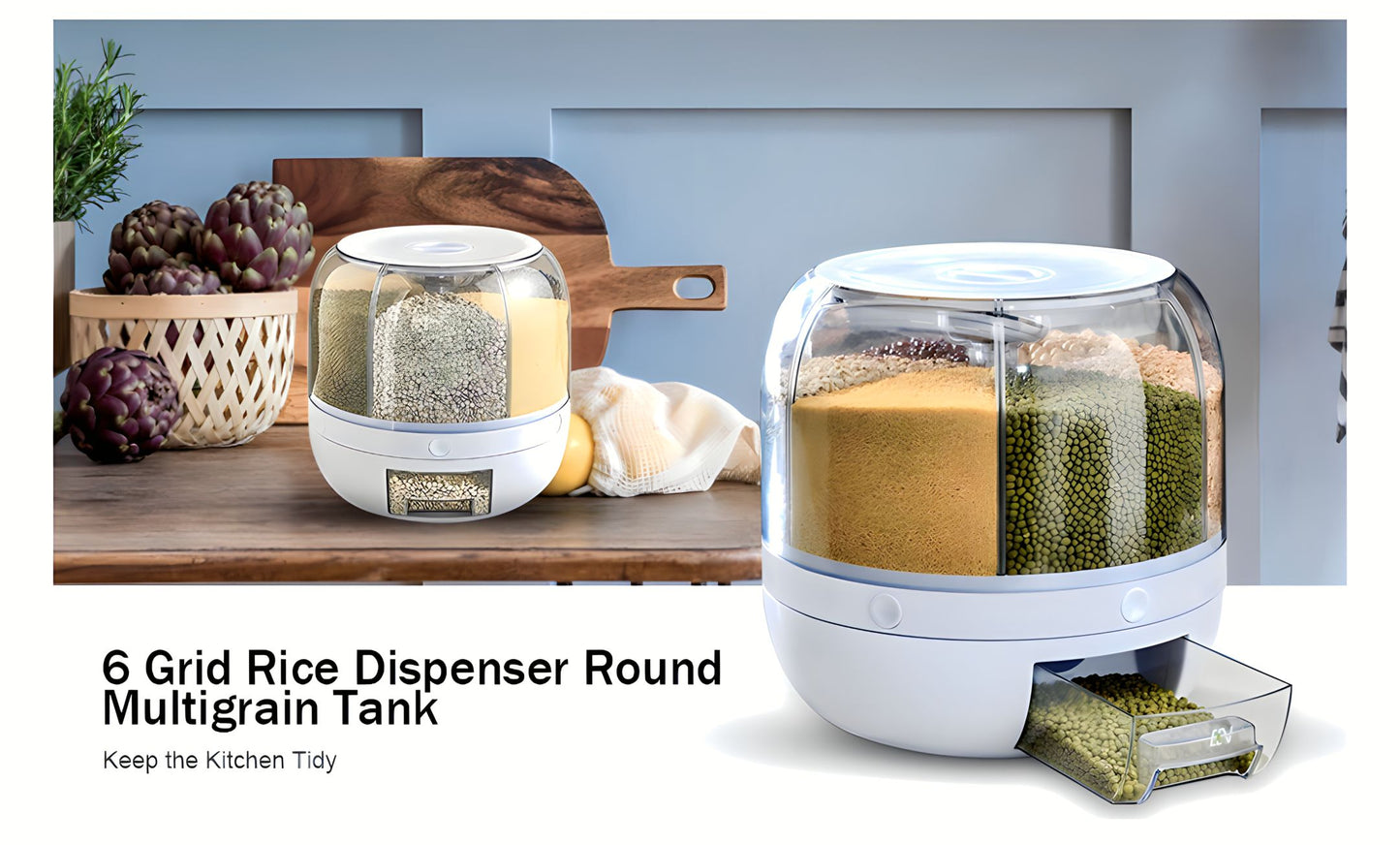 6-Grid 360° Rotating Airtight Food Dispenser – Smart Kitchen Storage for Rice, Pulses & Grains | BPA-Free Multipurpose Organizer