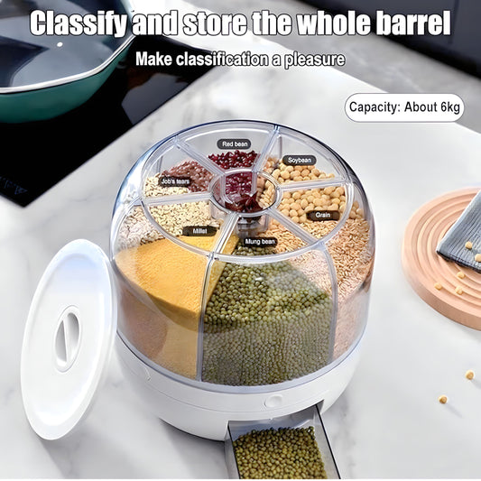 6-Grid 360° Rotating Airtight Food Dispenser – Smart Kitchen Storage for Rice, Pulses & Grains | BPA-Free Multipurpose Organizer
