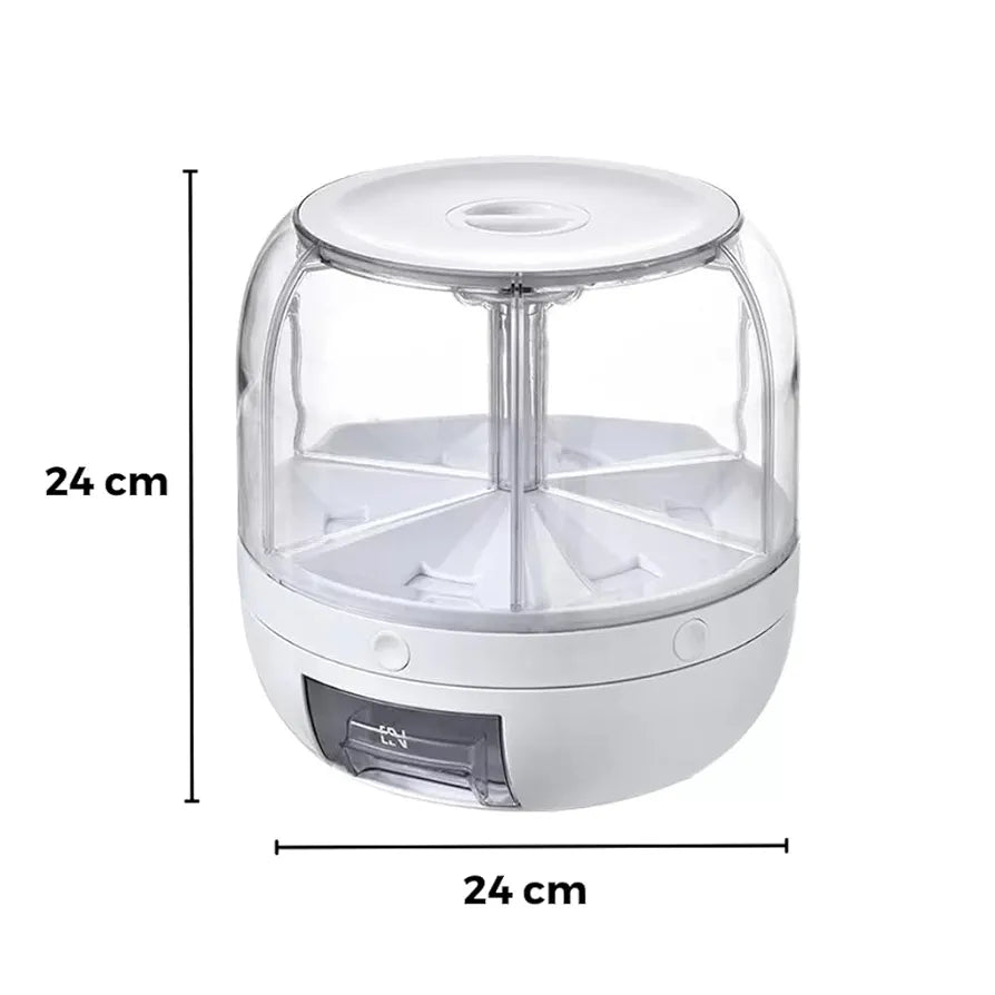 6-Grid 360° Rotating Airtight Food Dispenser – Smart Kitchen Storage for Rice, Pulses & Grains | BPA-Free Multipurpose Organizer