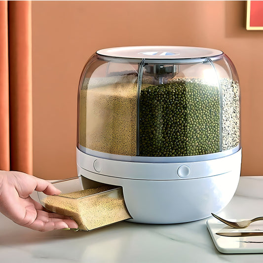 6-Grid 360° Rotating Airtight Food Dispenser – Smart Kitchen Storage for Rice, Pulses & Grains | BPA-Free Multipurpose Organizer