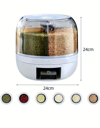 6-Grid 360° Rotating Airtight Food Dispenser – Smart Kitchen Storage for Rice, Pulses & Grains | BPA-Free Multipurpose Organizer
