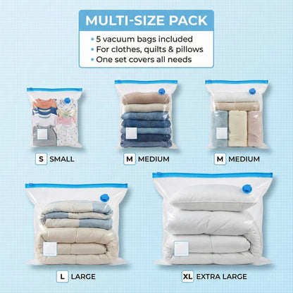 Vacuum Storage Bags for Clothes & Blankets – Reusable Travel & Wardrobe Space Saver (Pack of 5)
