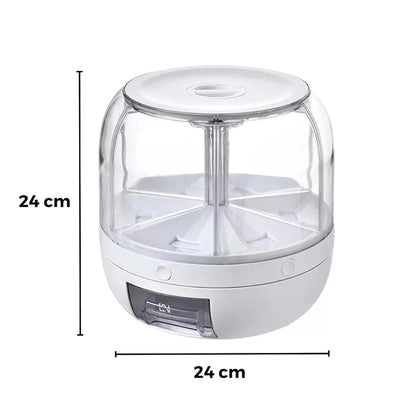 6-Grid 360° Rotating Airtight Food Dispenser – Smart Kitchen Storage for Rice, Pulses & Grains | BPA-Free Multipurpose Organizer