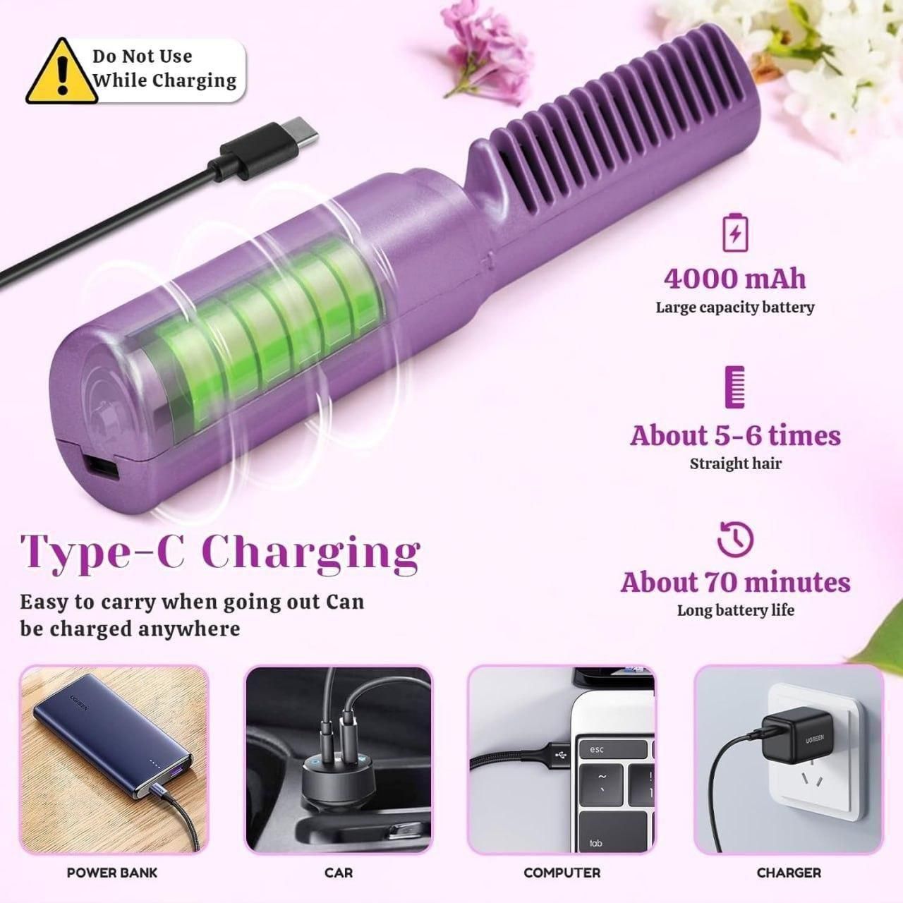 Havenix™ Meneflix Cordless Mini Hair Straightener | Rechargeable Hot Comb for Quick Styling On-the-Go (Up to 200°C)