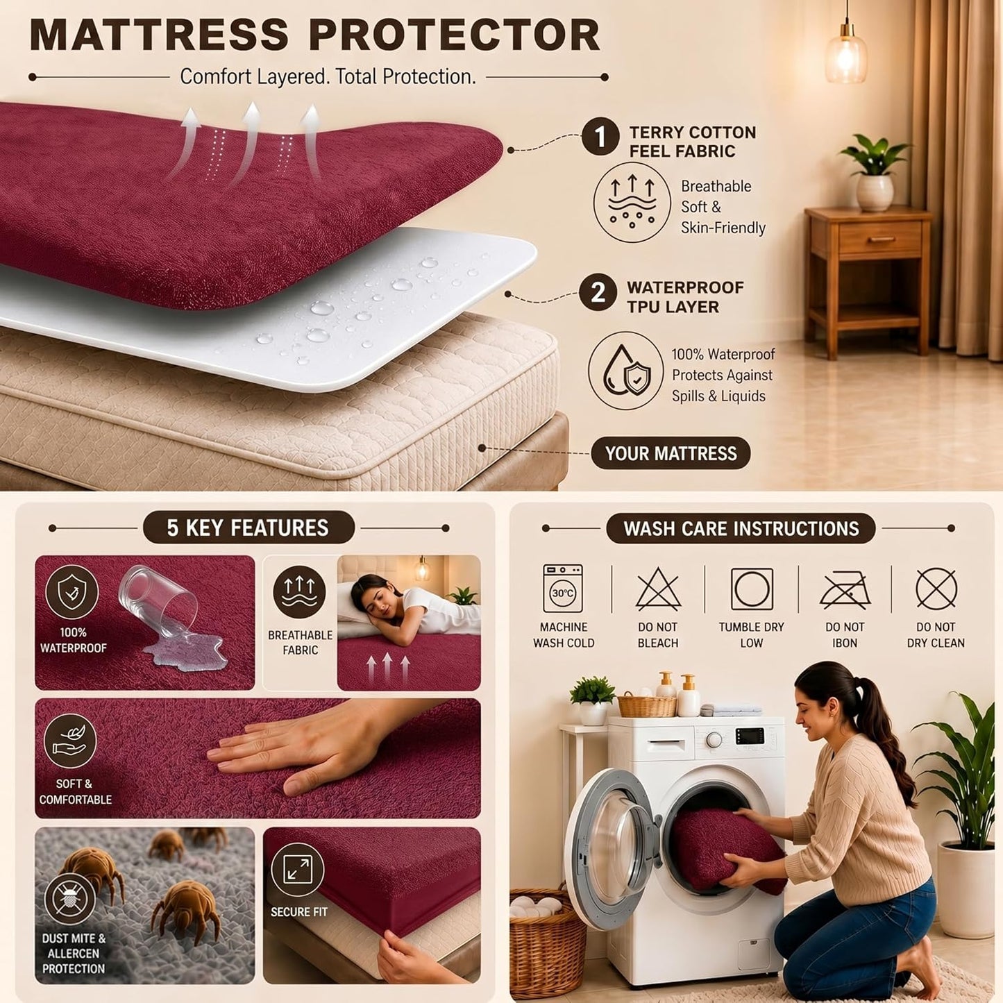 Premium Waterproof Mattress Protector – Protect Against Spills, Sweat & Bedwetting