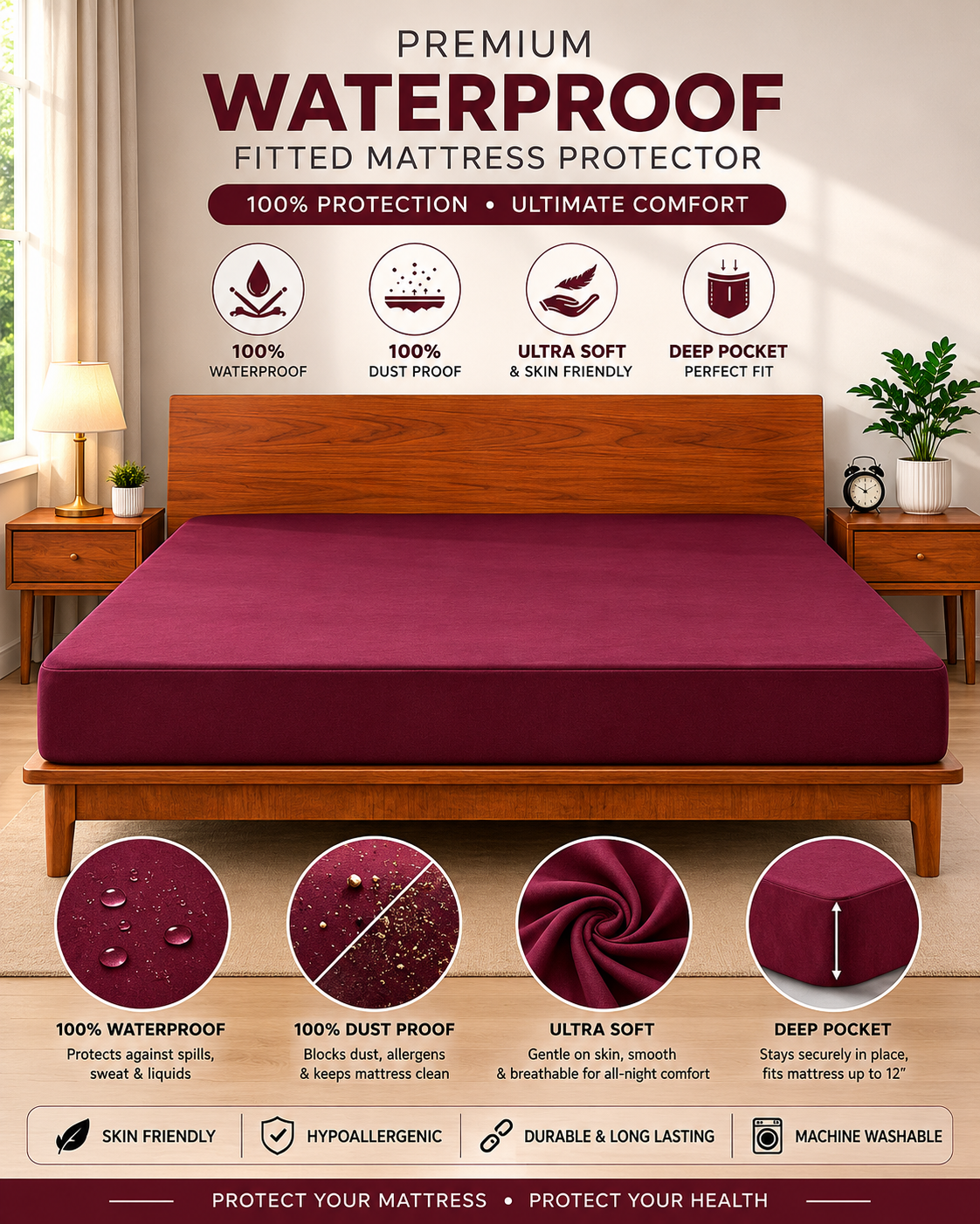 Premium Waterproof Mattress Protector – Protect Against Spills, Sweat & Bedwetting